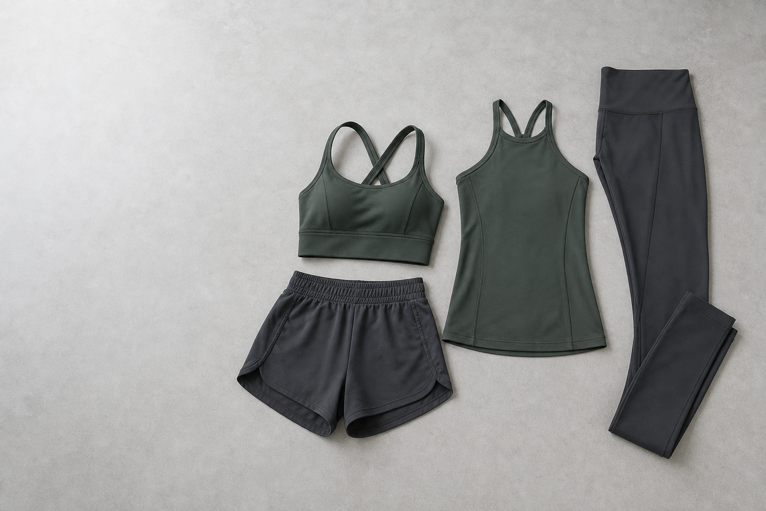 Coordinated sports bra, top, leggings and shorts arranged as a yoga apparel collection
