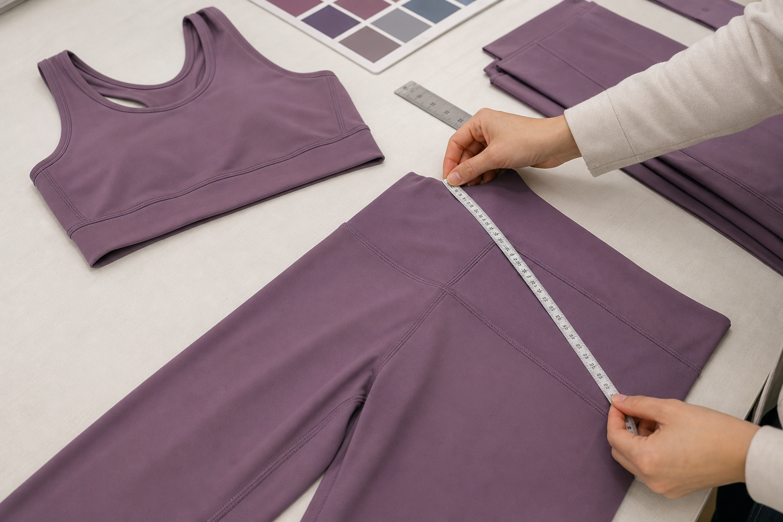 Yoga leggings and sports bra checked with a measuring tape on an inspection table