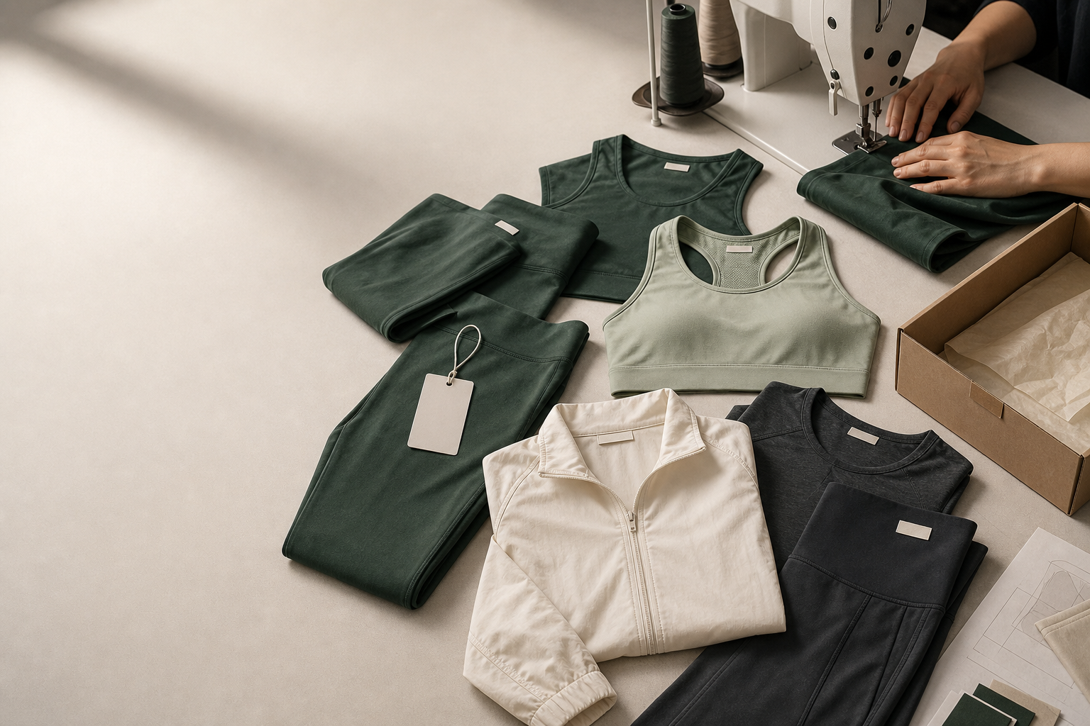 Coordinated yoga apparel with blank labels, hangtag and packaging