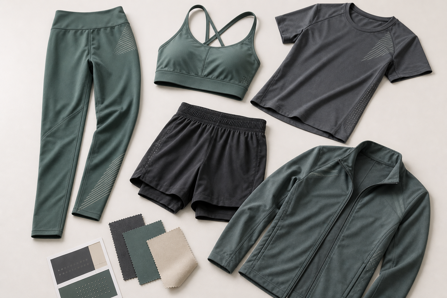 Coordinated activewear garments with understated decorative details