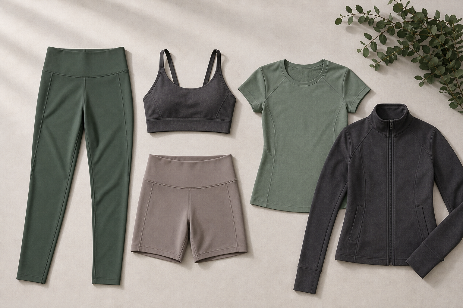 Coordinated yoga leggings, shorts, bras, tops and layering apparel