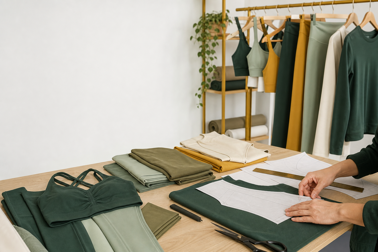Coordinated yoga leggings and activewear tops in a professional apparel studio