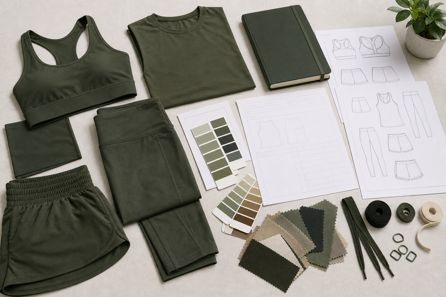 Coordinated yoga apparel beside fabric swatches and planning documents