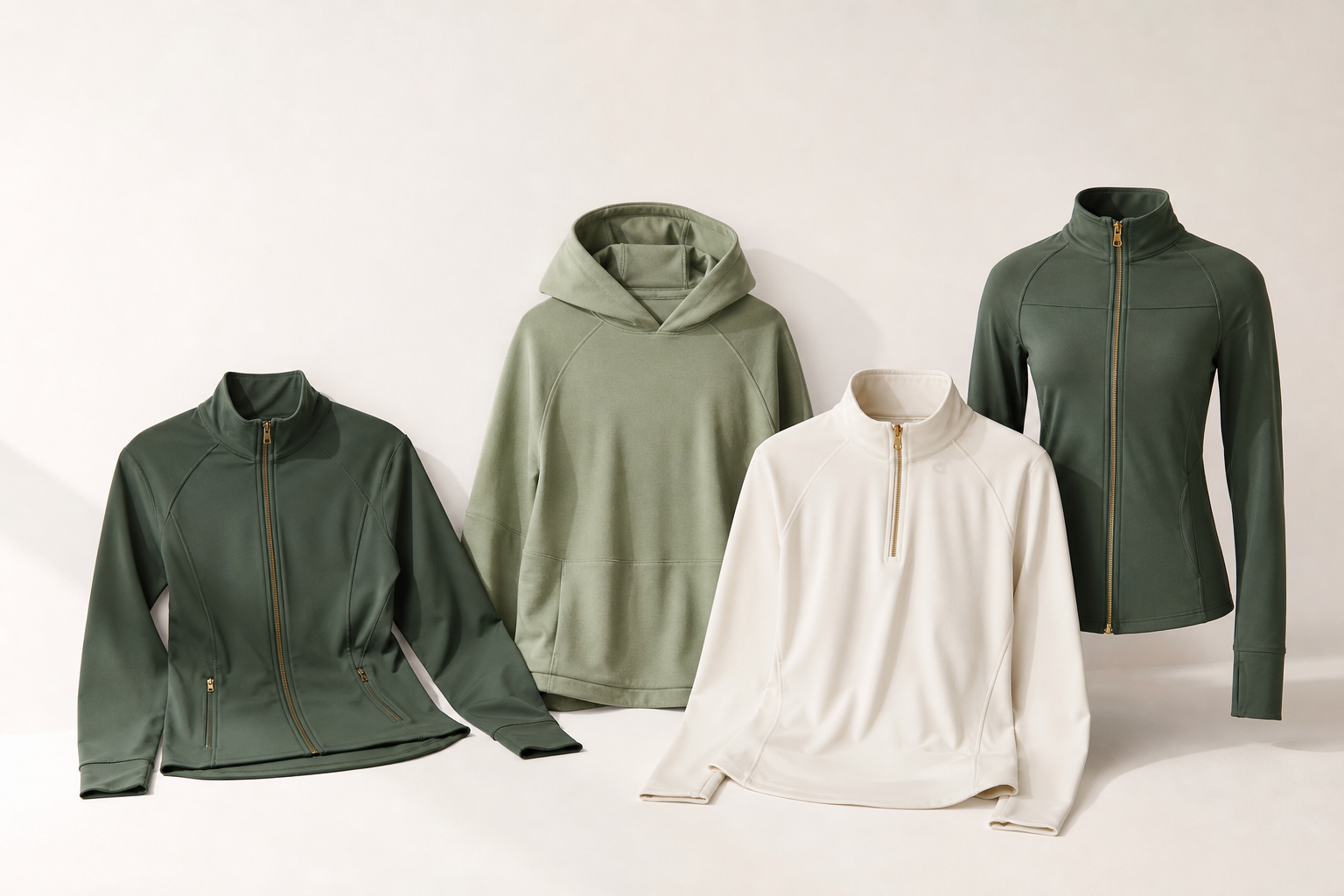 Yoga jackets, hoodie, pullover and zip-up layer arranged as a coordinated range