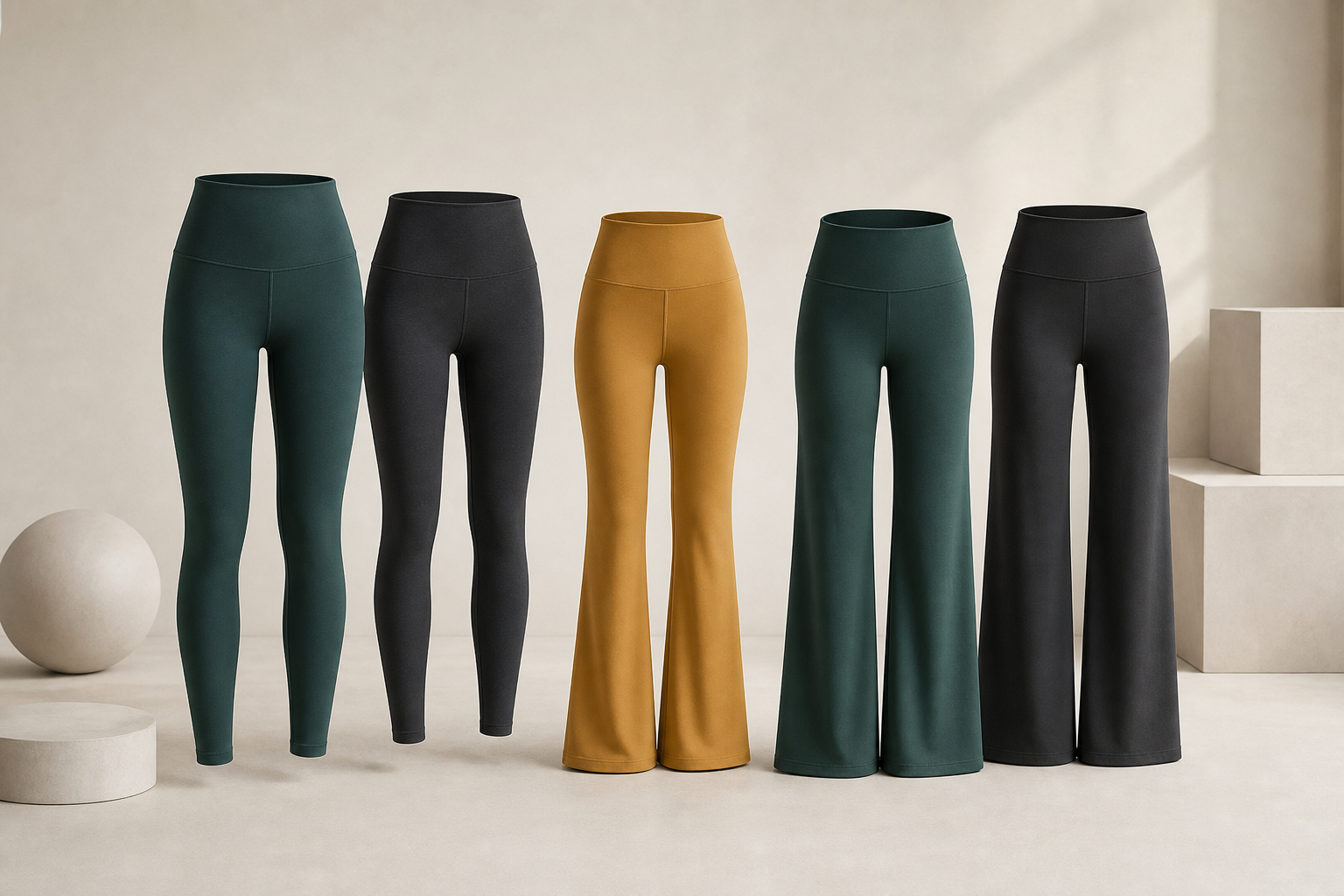Yoga leggings and pants in several coordinated silhouettes