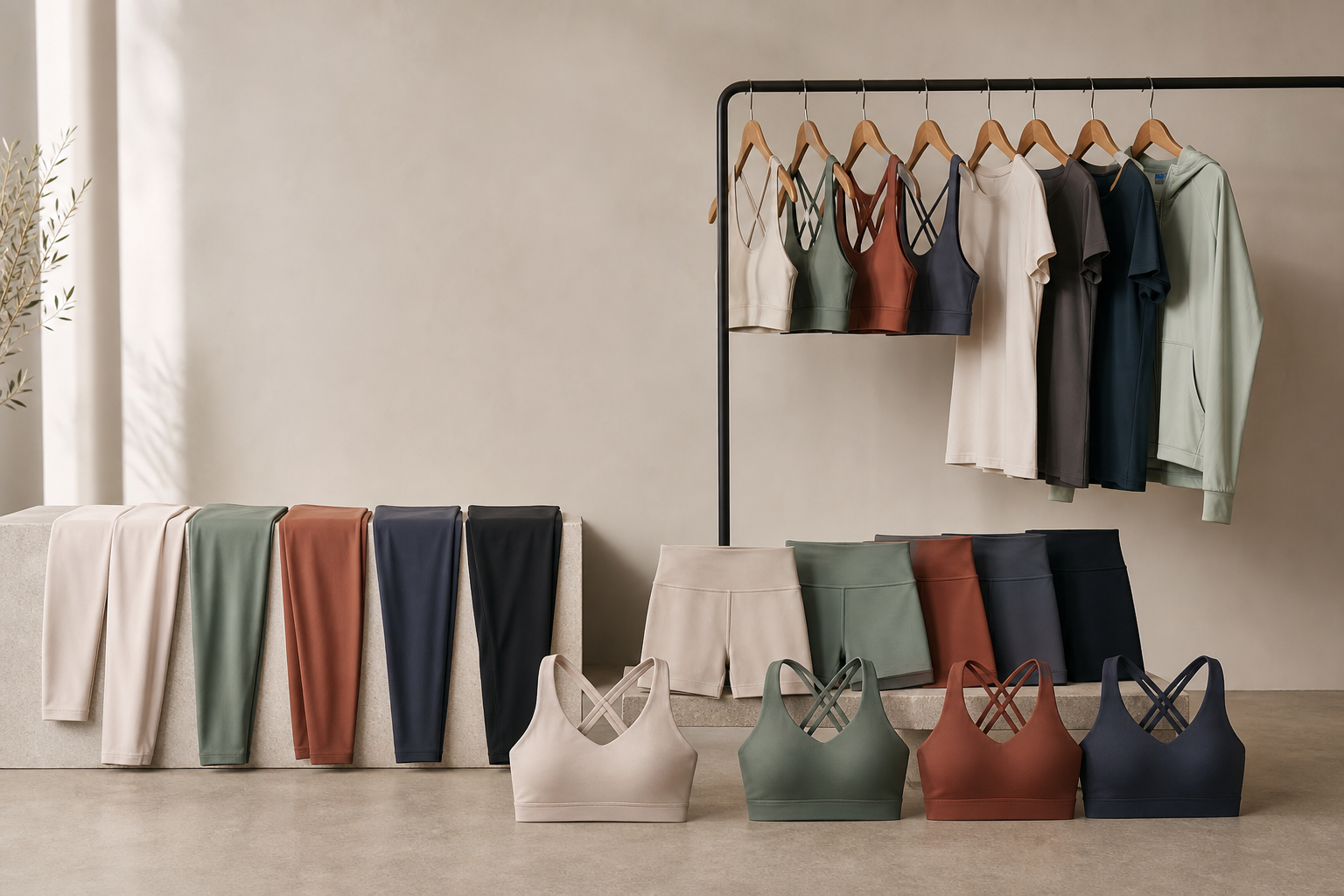 Coordinated yoga and activewear garments arranged as a collection