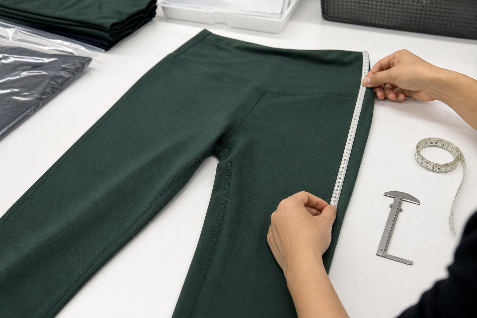 Hands checking the measurements and seams of fitness leggings