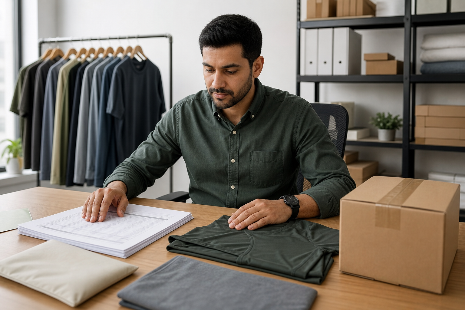 Apparel coordinator reviewing shipment documents and samples
