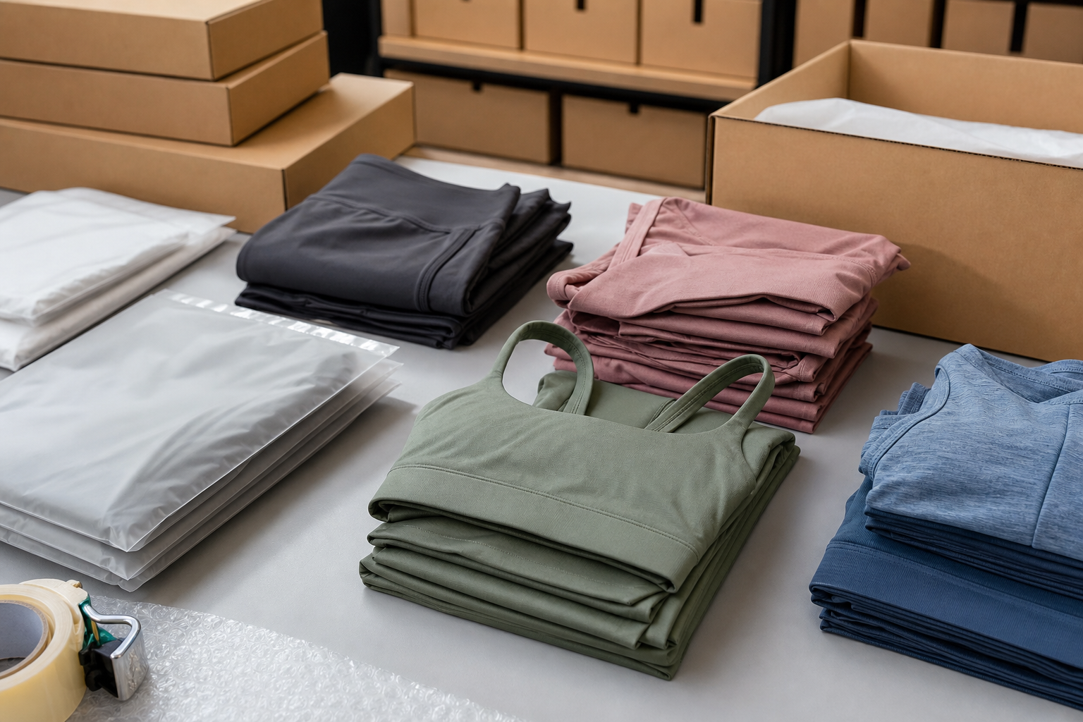 Folded activewear and unbranded cartons prepared for shipment