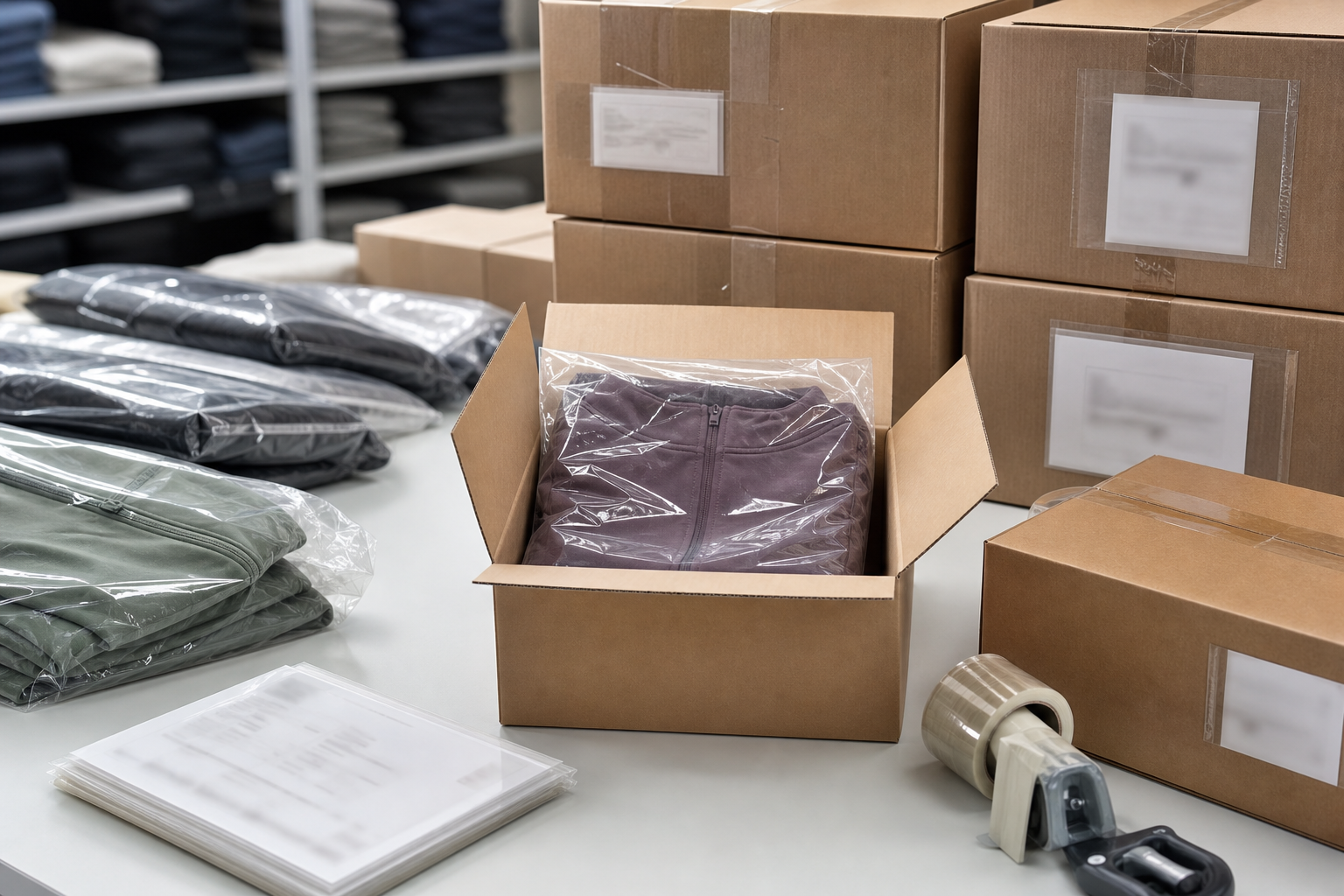 Folded activewear packed in unmarked cartons with shipment documents
