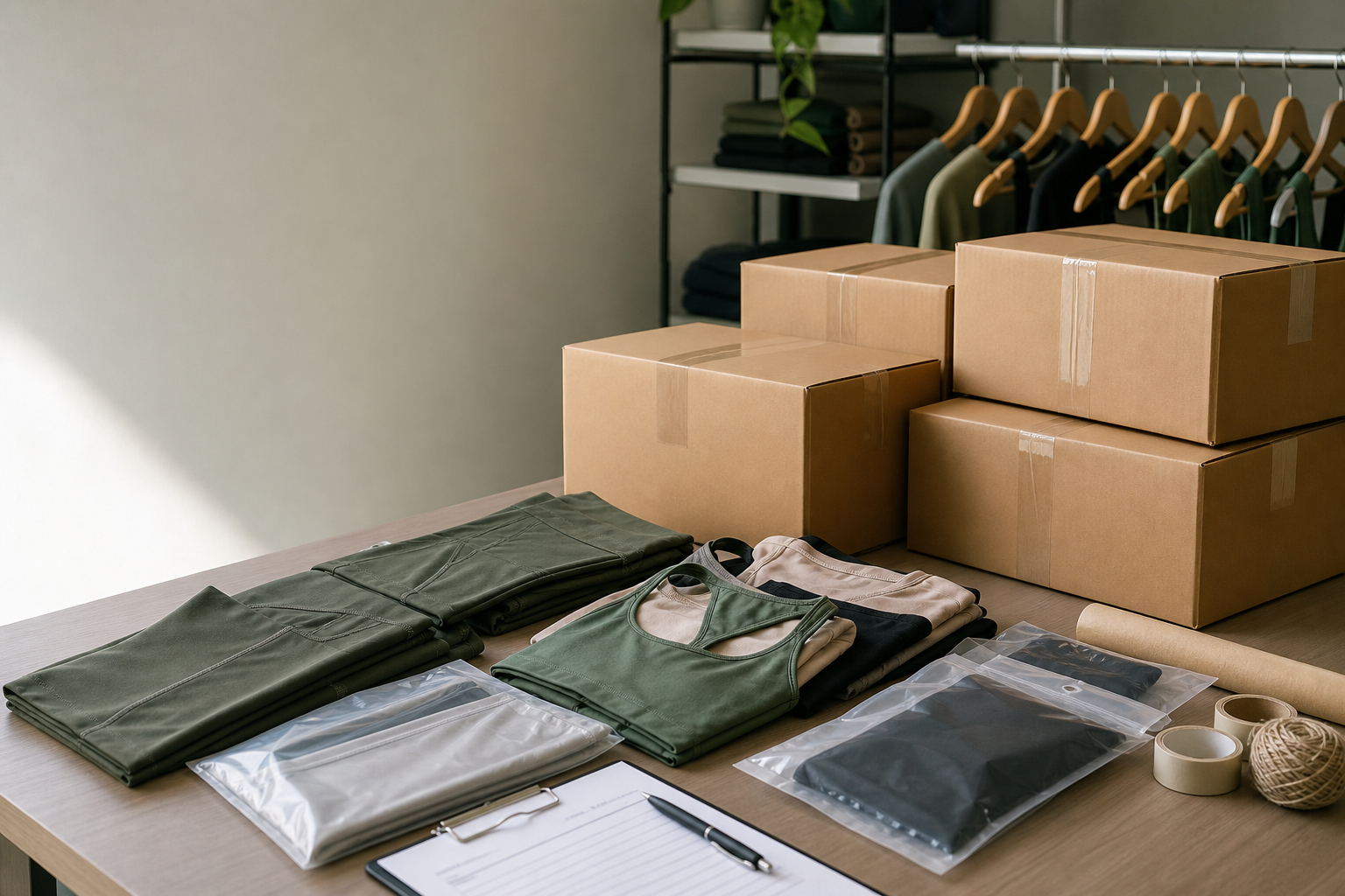 Packed yoga apparel beside sealed export cartons