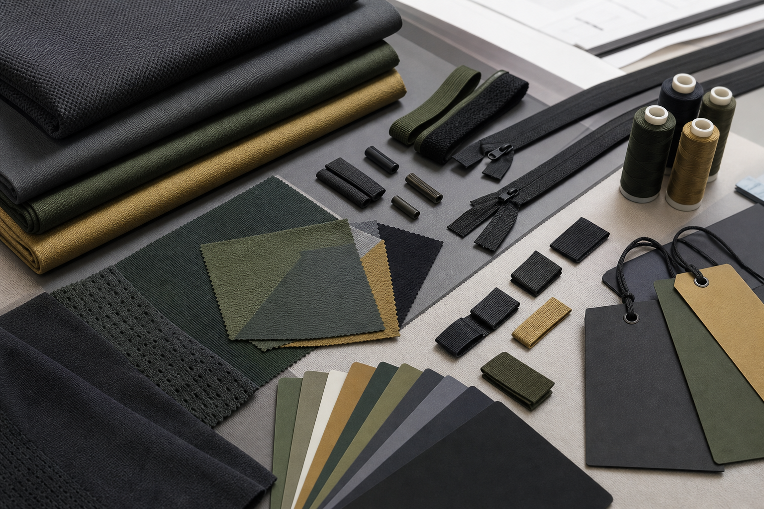 Performance fabric swatches with colour samples and unbranded trims