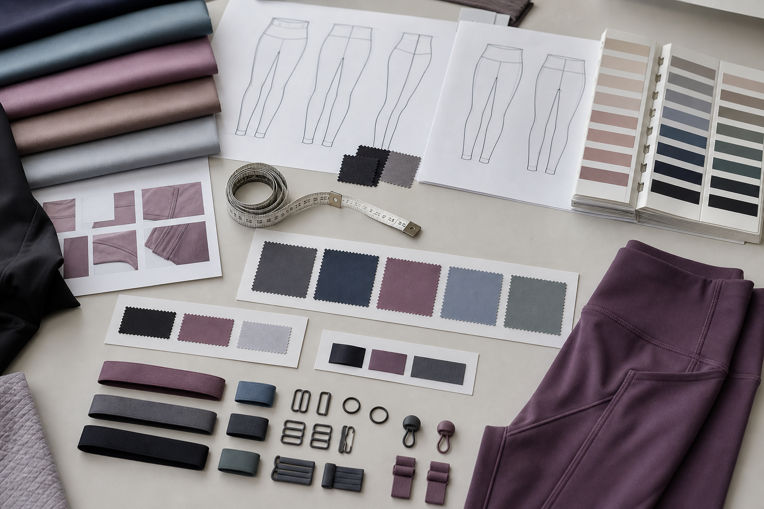 Fabric swatches and garment drawings arranged for an apparel material review