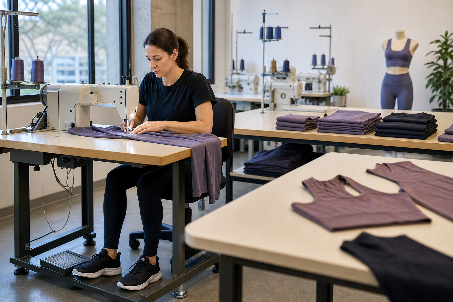 Organized apparel sewing workspace with activewear garments in production