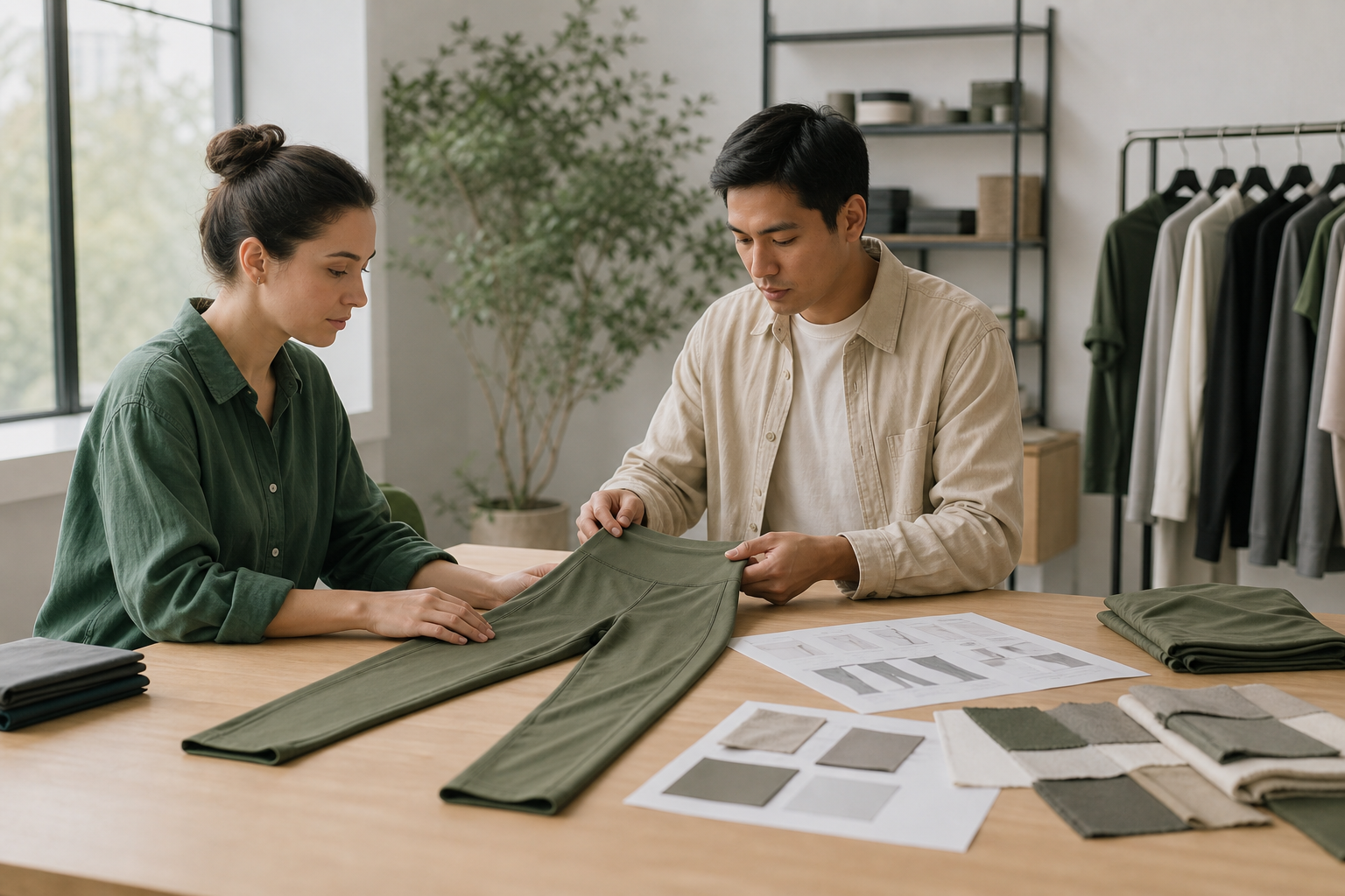 Two apparel professionals reviewing activewear samples and fabric swatches
