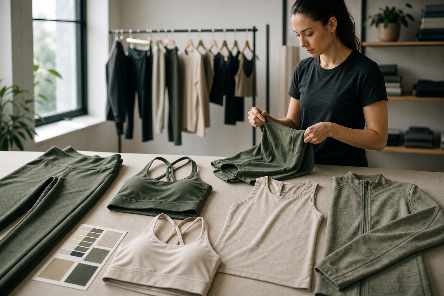 Coordinated yoga apparel range with leggings, bras, tops and layers