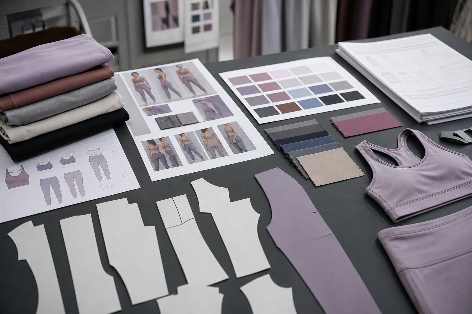 Activewear development table with garment references, colour cards and fabric swatches