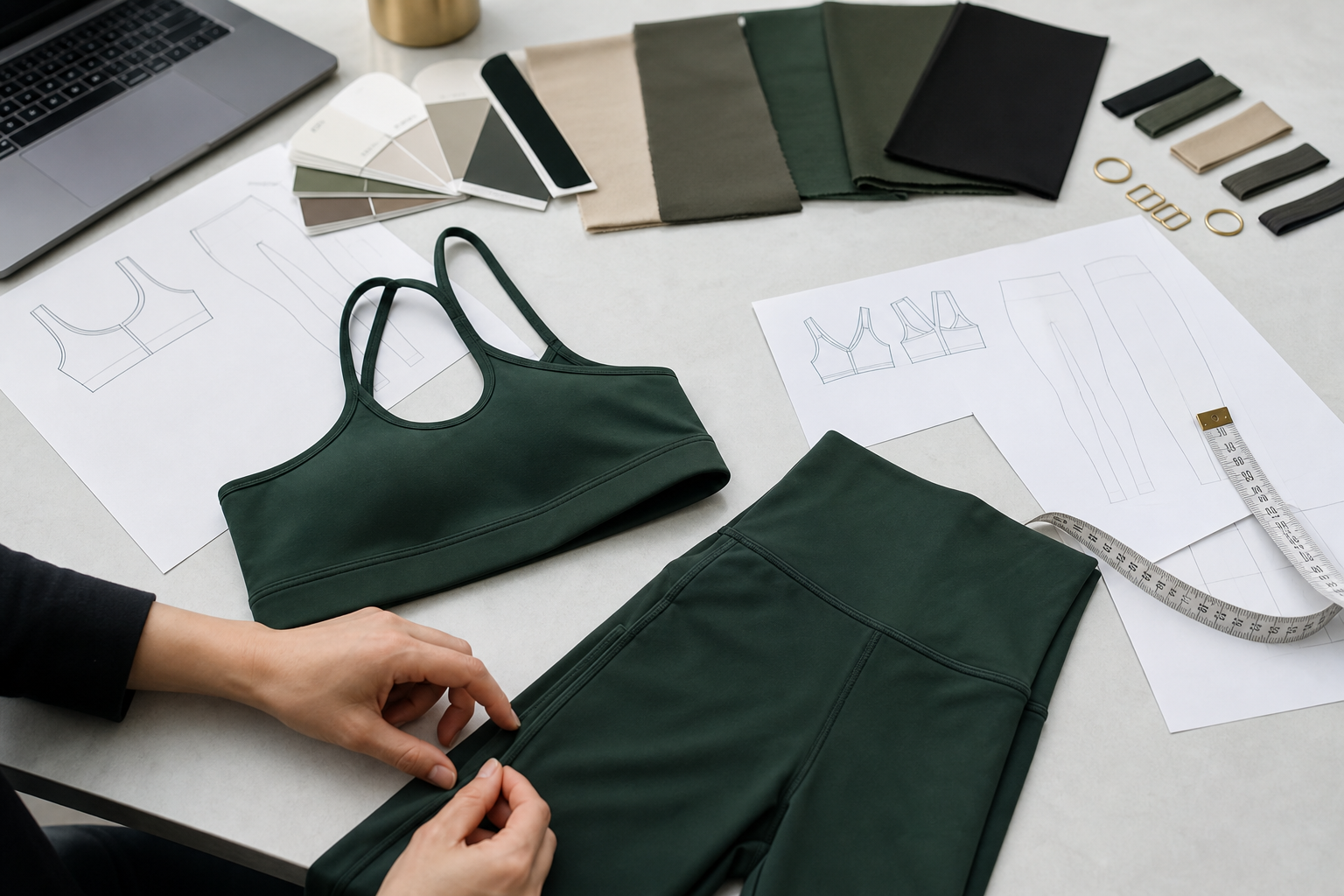 Activewear samples, technical drawings and fabric swatches on a development table