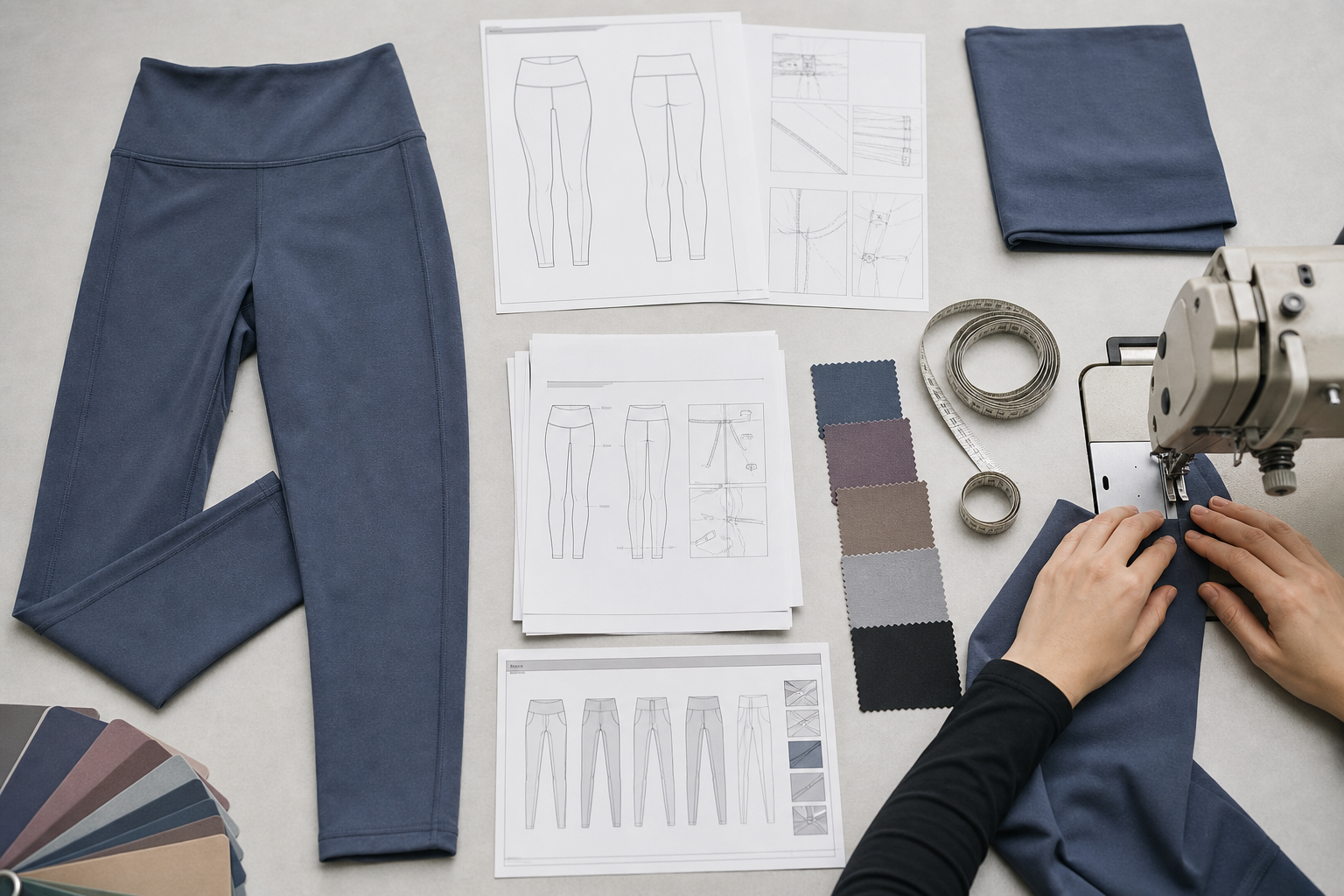 Yoga leggings with specification sheets, measuring tape and fabric swatches