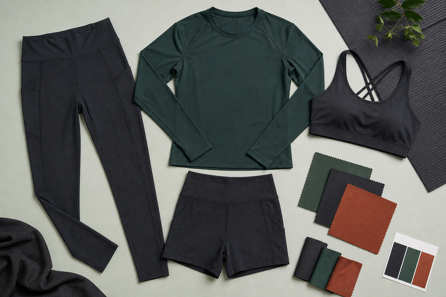 Performance leggings, shorts, sports bra and long-sleeve top