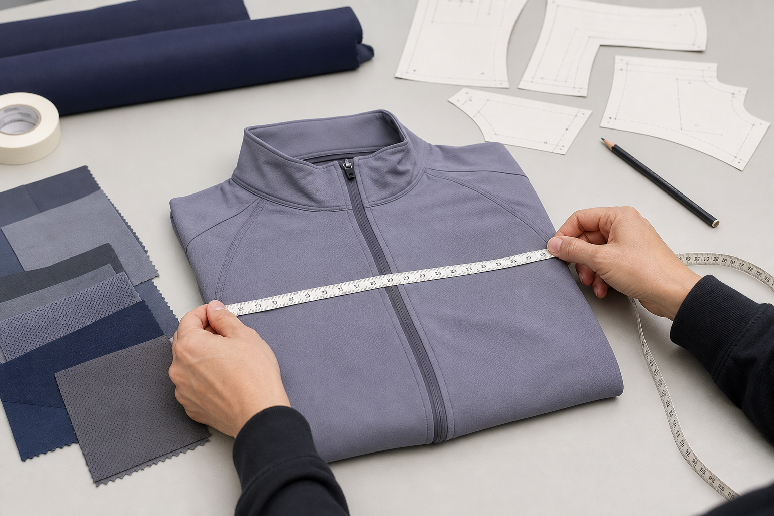 Hands measuring a performance activewear sample beside fabric swatches