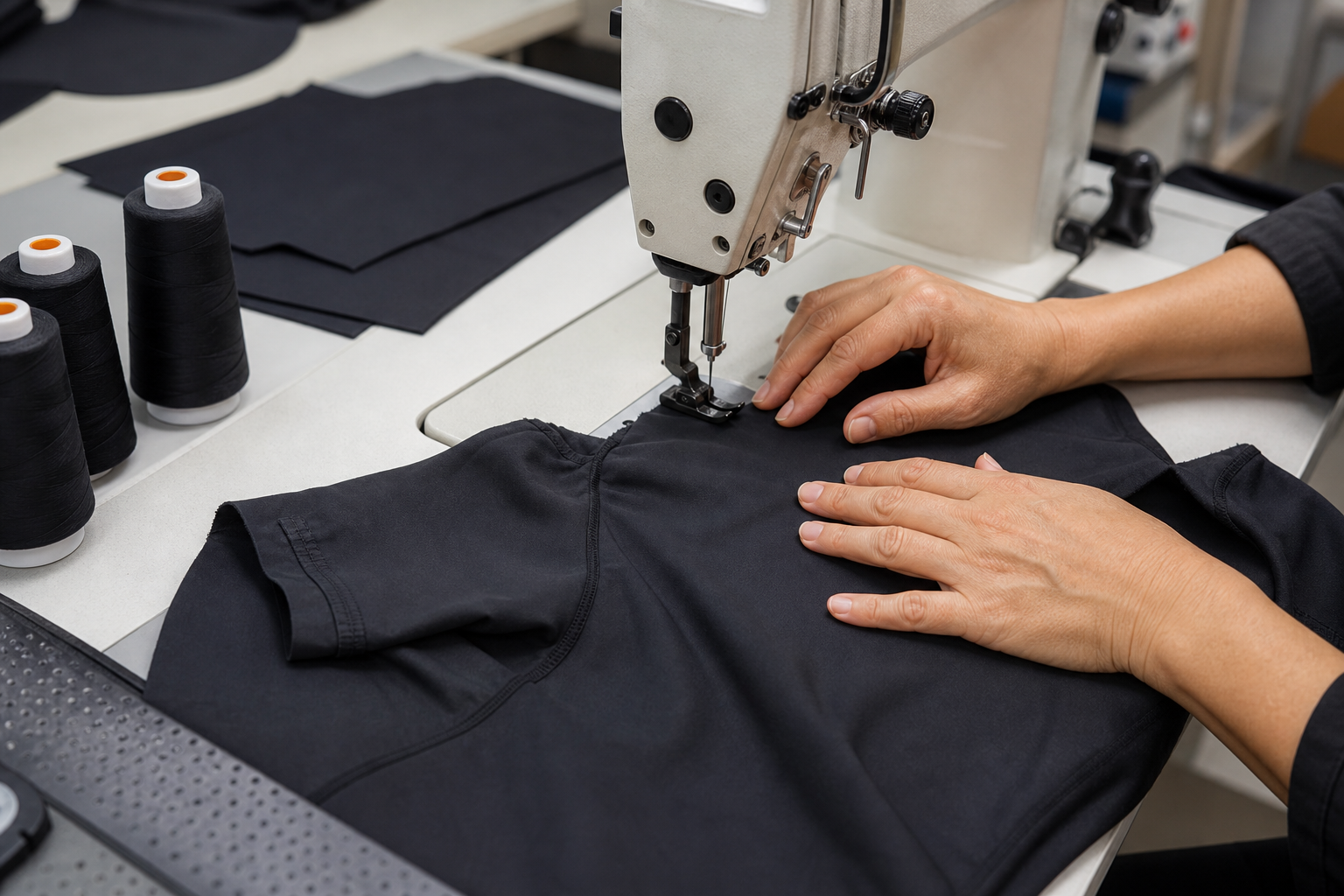 Garment panel being sewn on industrial apparel equipment