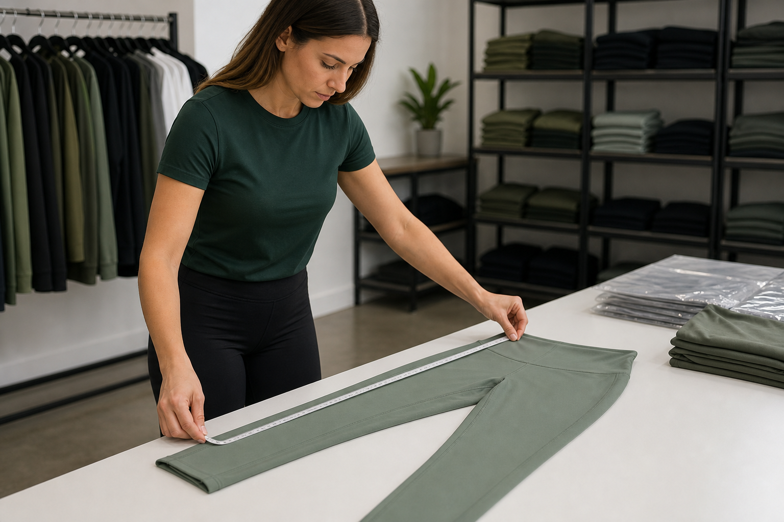 Inspector measuring a Pilates garment and checking its stitching