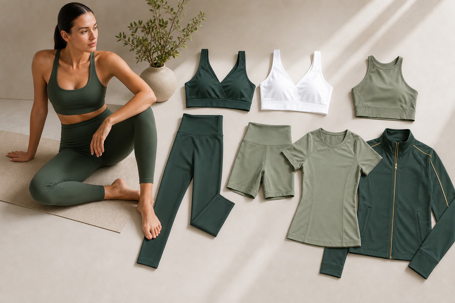 Coordinated Pilates activewear range with leggings, shorts, bras and tops