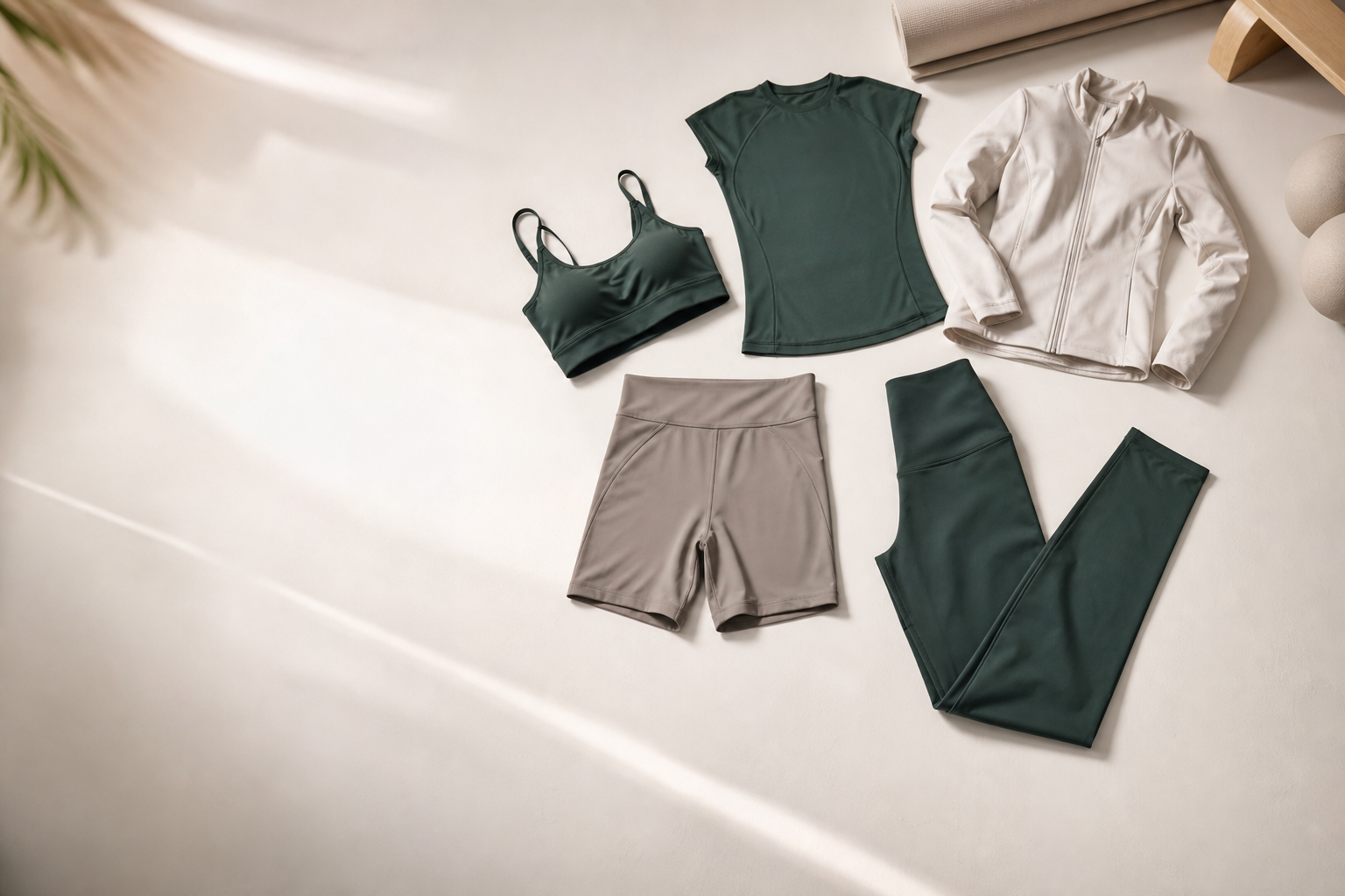 Coordinated studio leggings, shorts, sports bra, top and zip layer