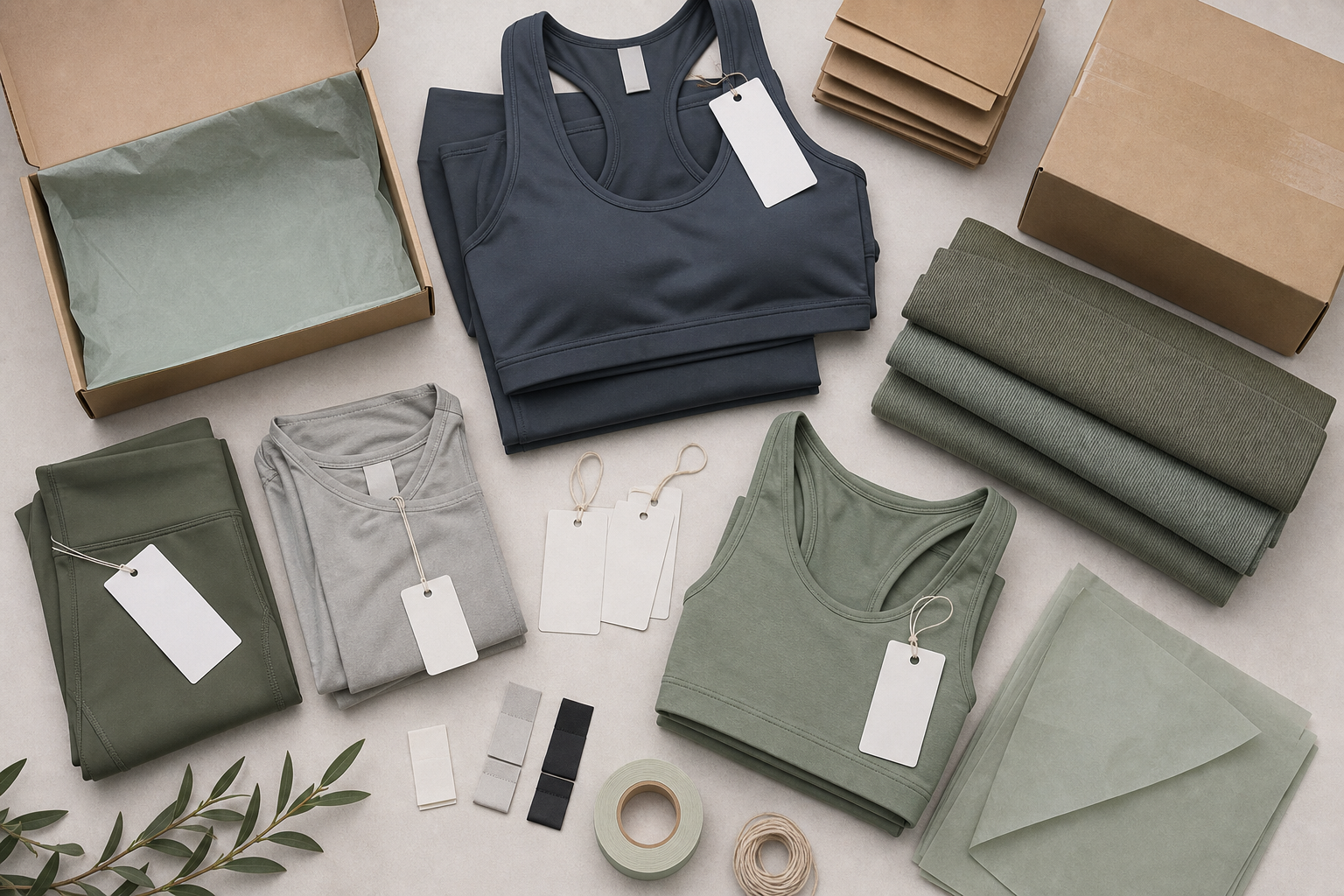 Folded yoga apparel with blank hangtags and packaging components