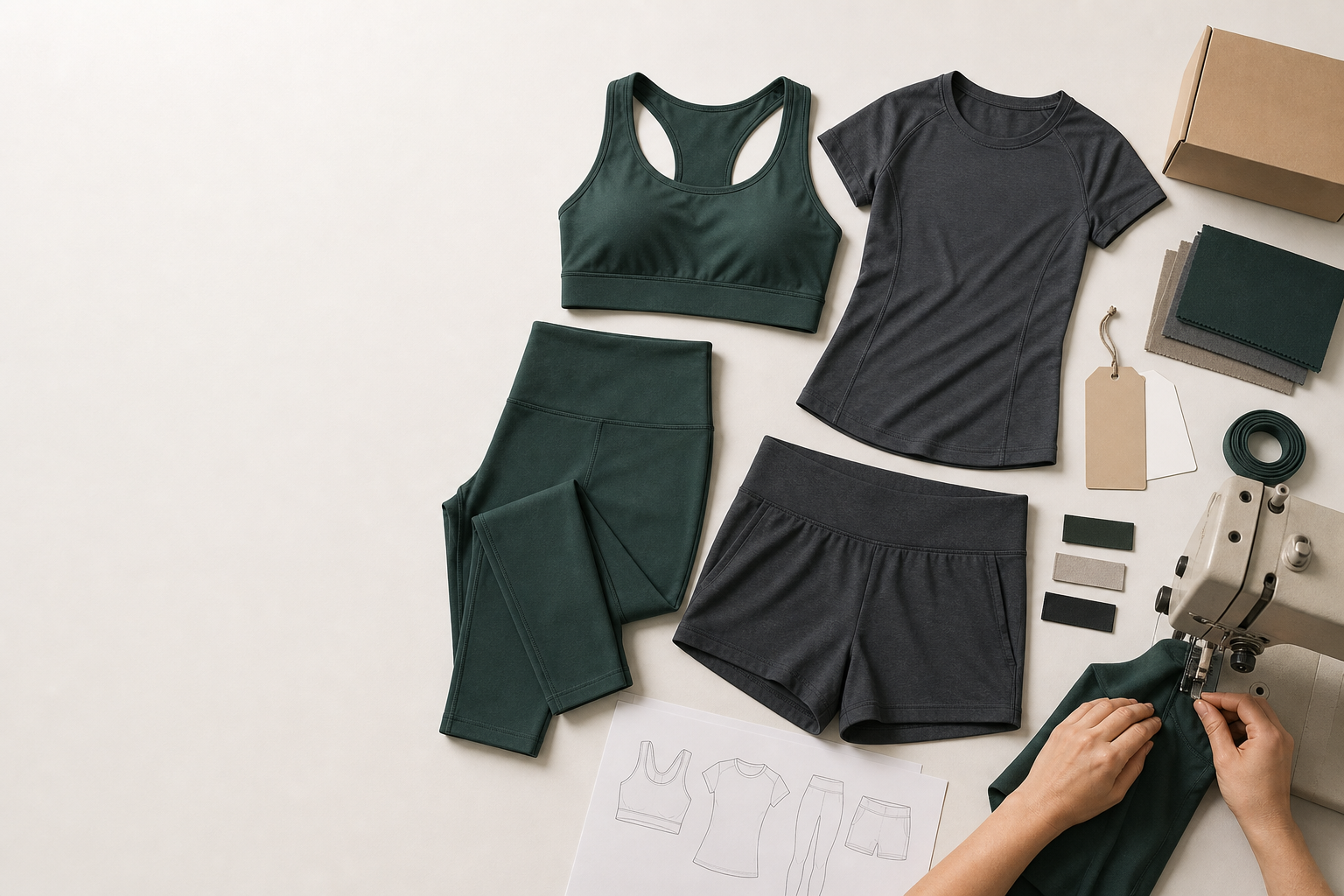 Coordinated yoga leggings, sports bra, top and shorts with blank labels and packaging