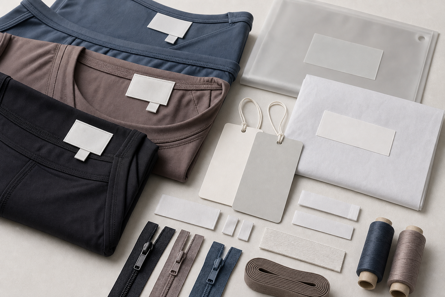 Folded yoga garments with blank labels, hangtags and packaging components