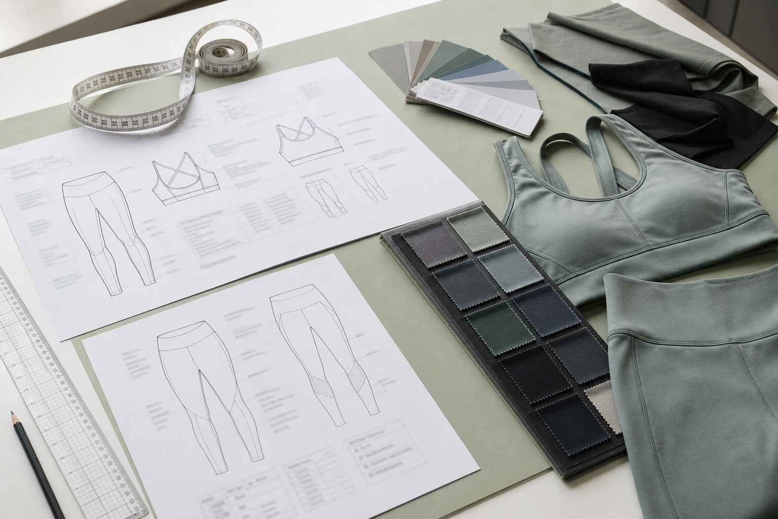 Garment sketches, measuring tools, colour cards and fabric swatches on a worktable