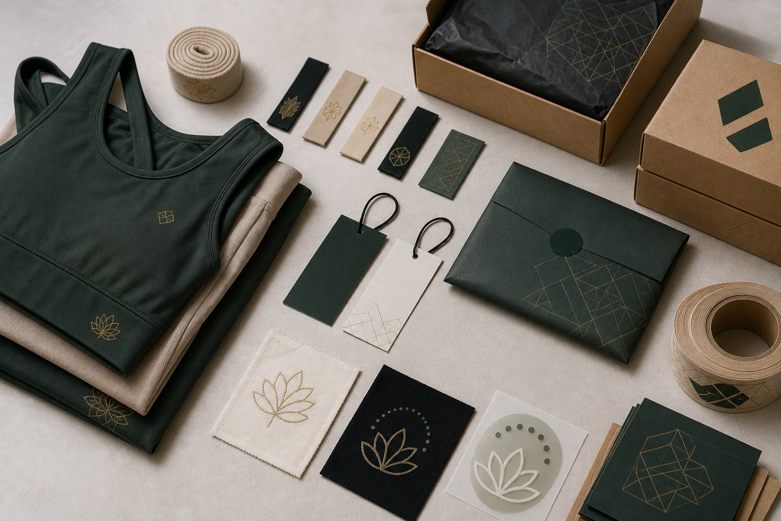 Yoga garments with labels, hangtags and decoration samples