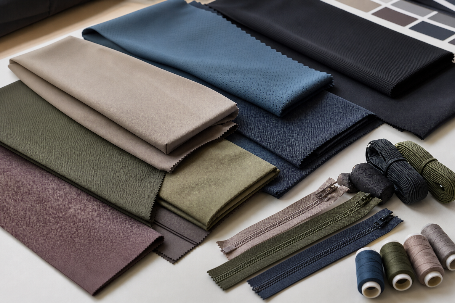 Performance fabric swatches in coordinated studio apparel colours