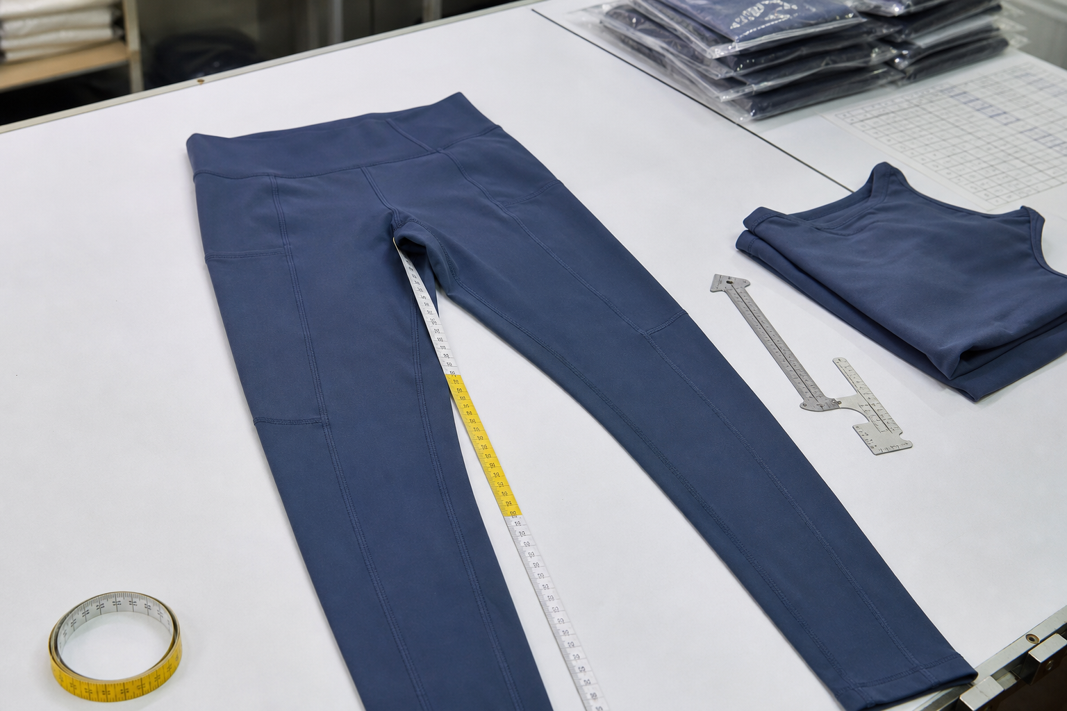 Studio leggings arranged for measurement and stitching inspection