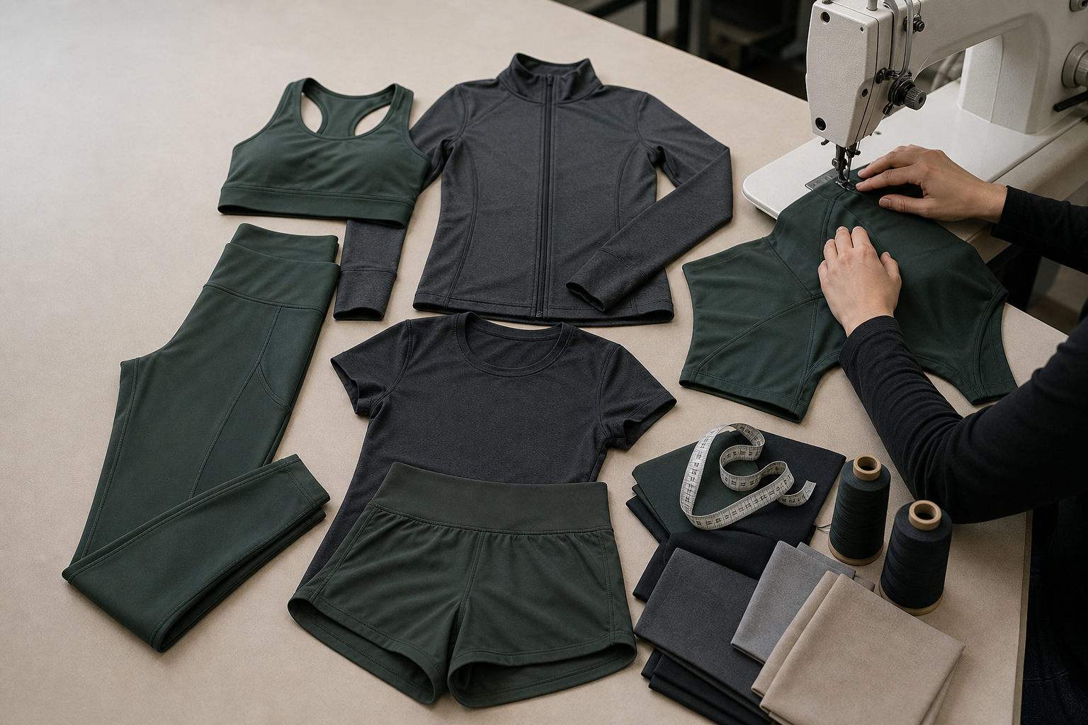 Coordinated yoga garments with fabric swatches and measuring tools