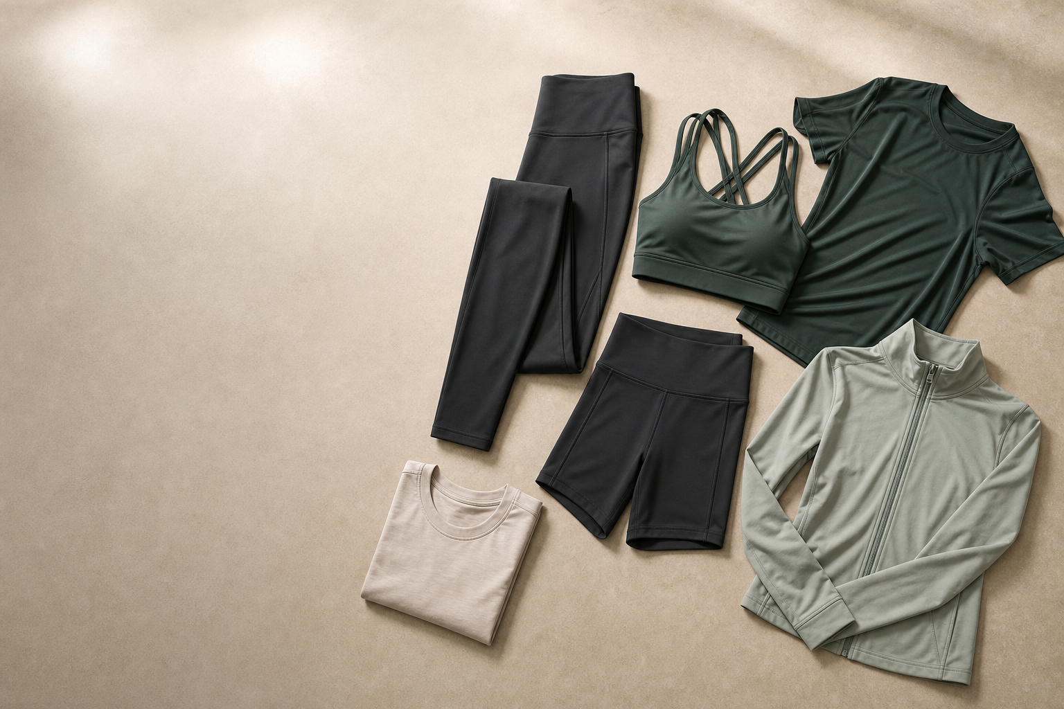 Coordinated leggings, shorts, sports bra, top and lightweight layer