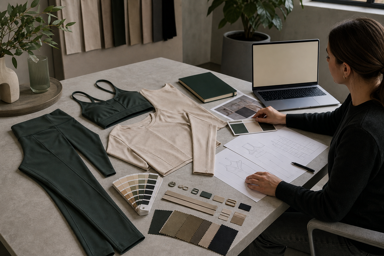 Yoga apparel samples, fabric swatches and project planning documents on a consultation table
