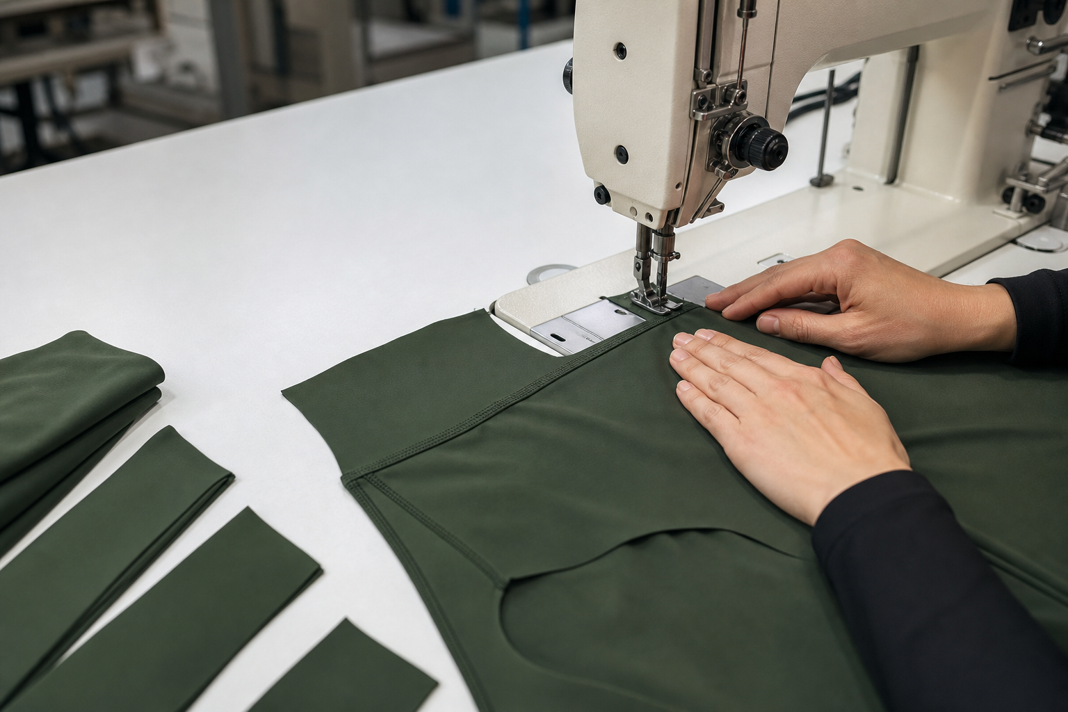 Industrial sewing machine assembling green yoga leggings panels