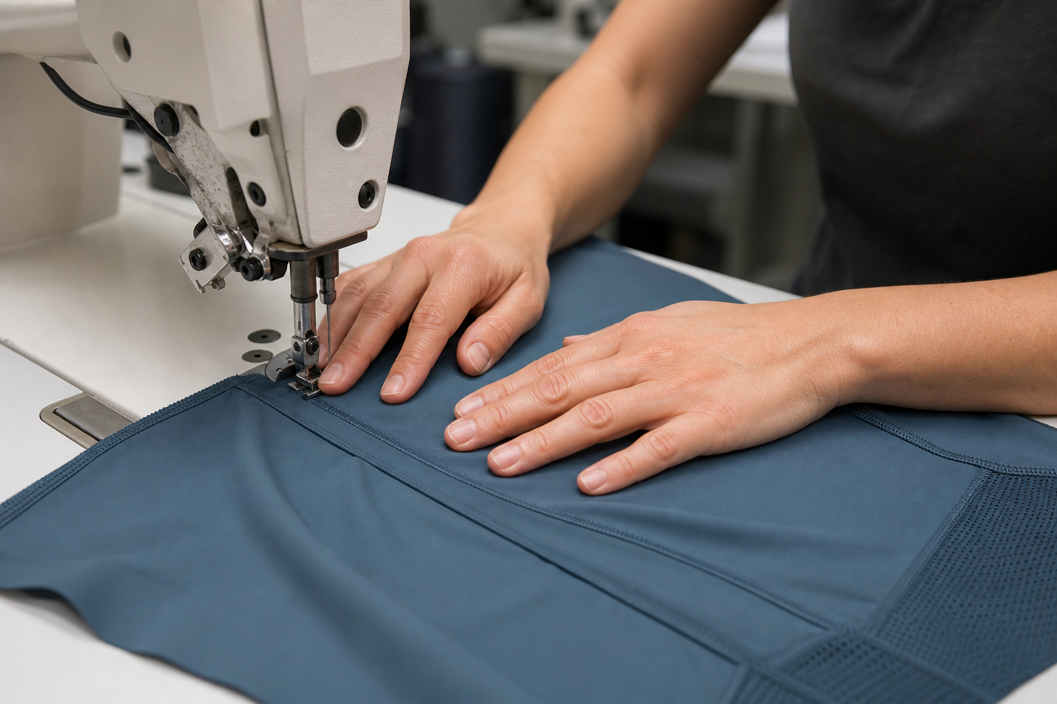 Activewear fabric panel being sewn at an industrial machine