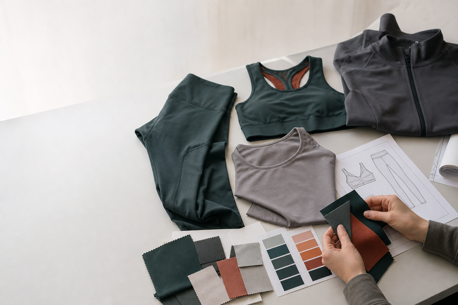 Coordinated yoga apparel samples with fabric swatches and a technical sketch