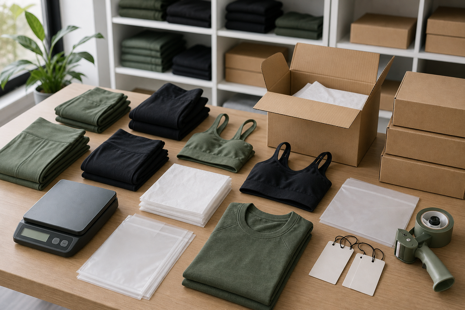 Folded yoga apparel beside plain packaging and export cartons