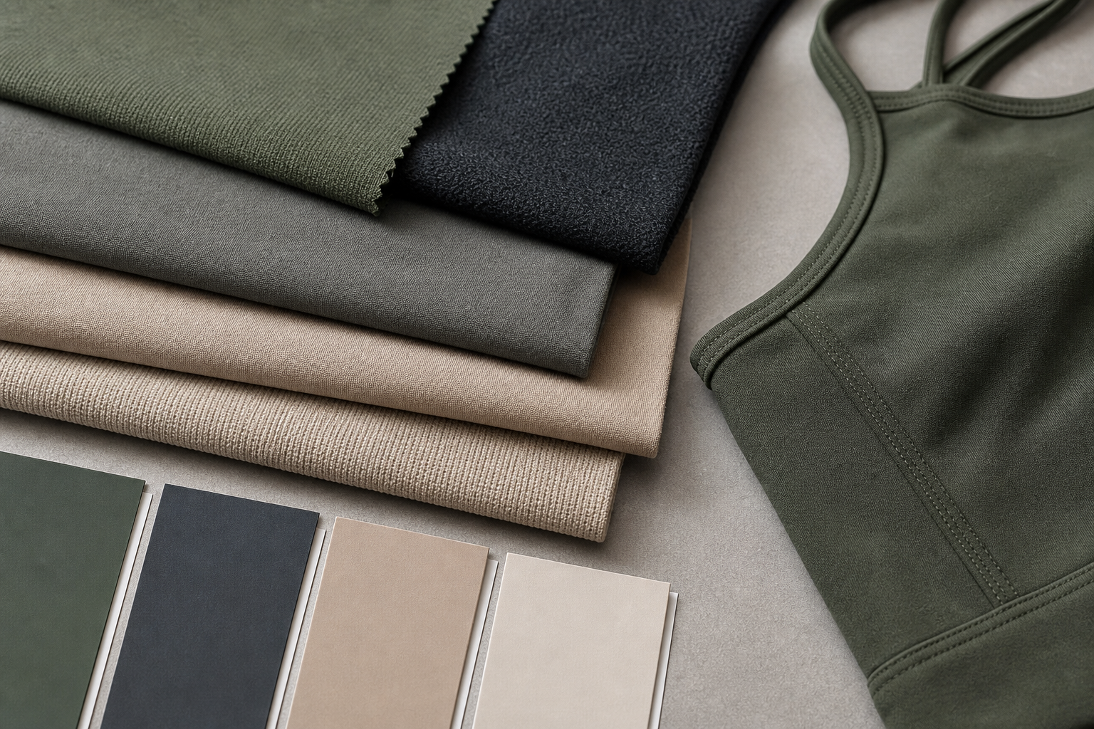 Performance fabric swatches and colour chips arranged for review