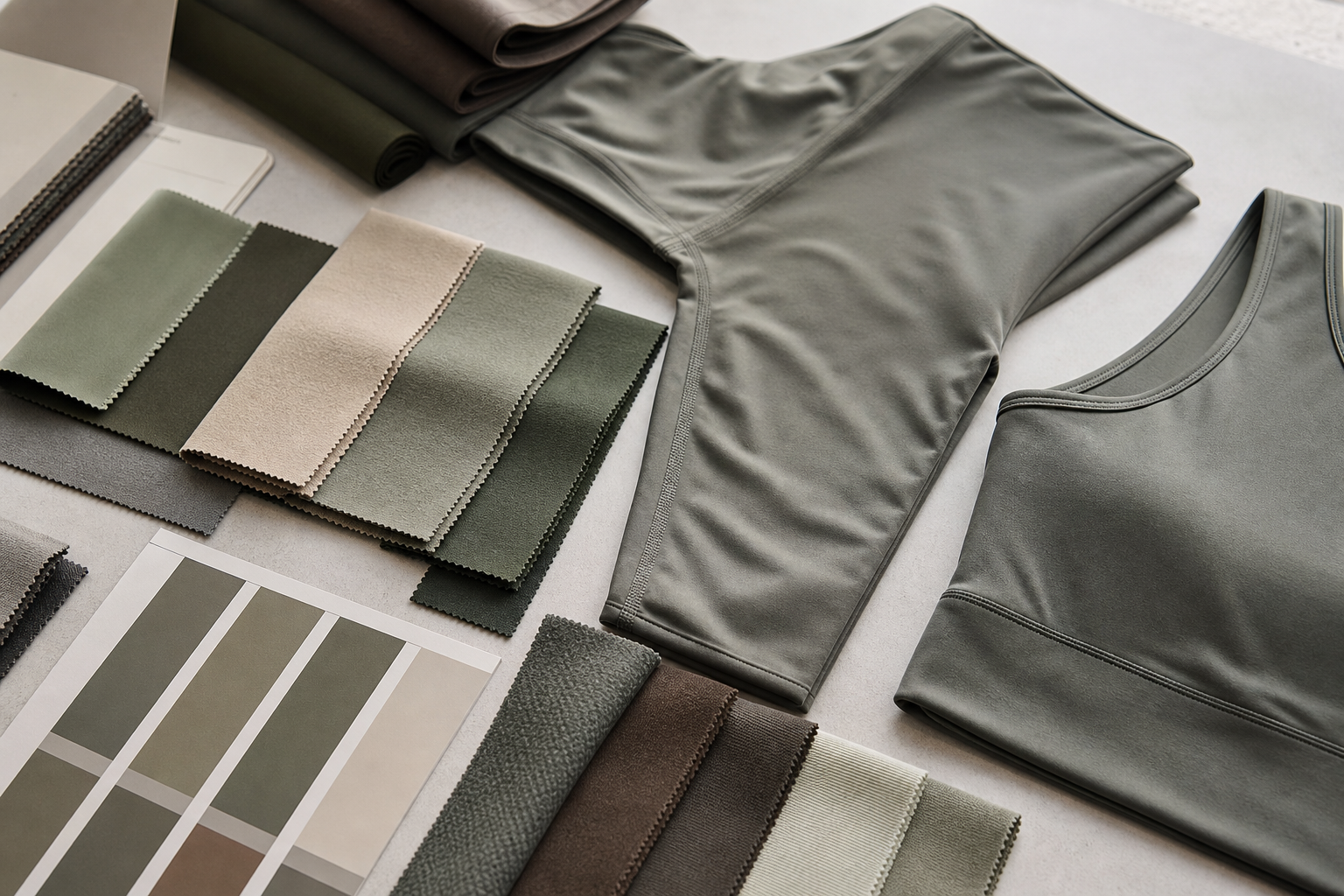 Performance fabric swatches beside matching yoga garment panels