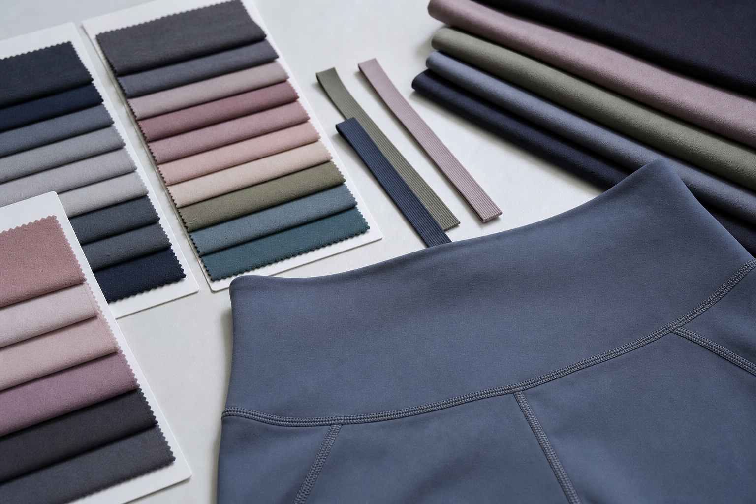 Stretch fabric swatches and trim samples beside a yoga garment detail