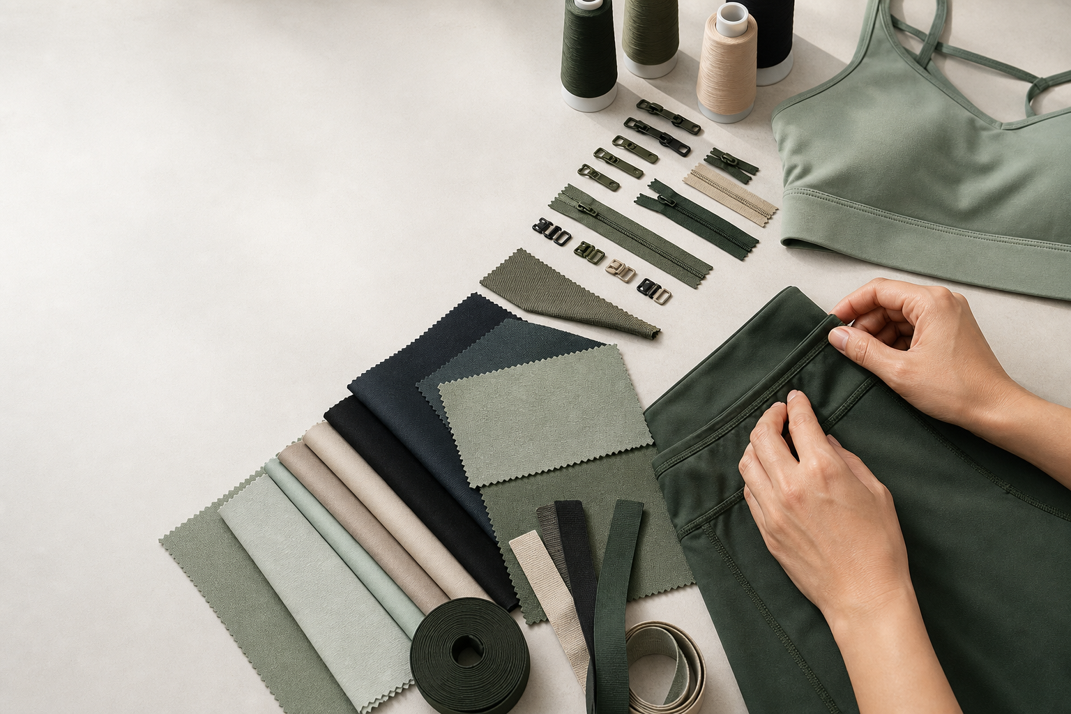 Stretch fabric swatches and coordinated apparel trims on a sourcing table