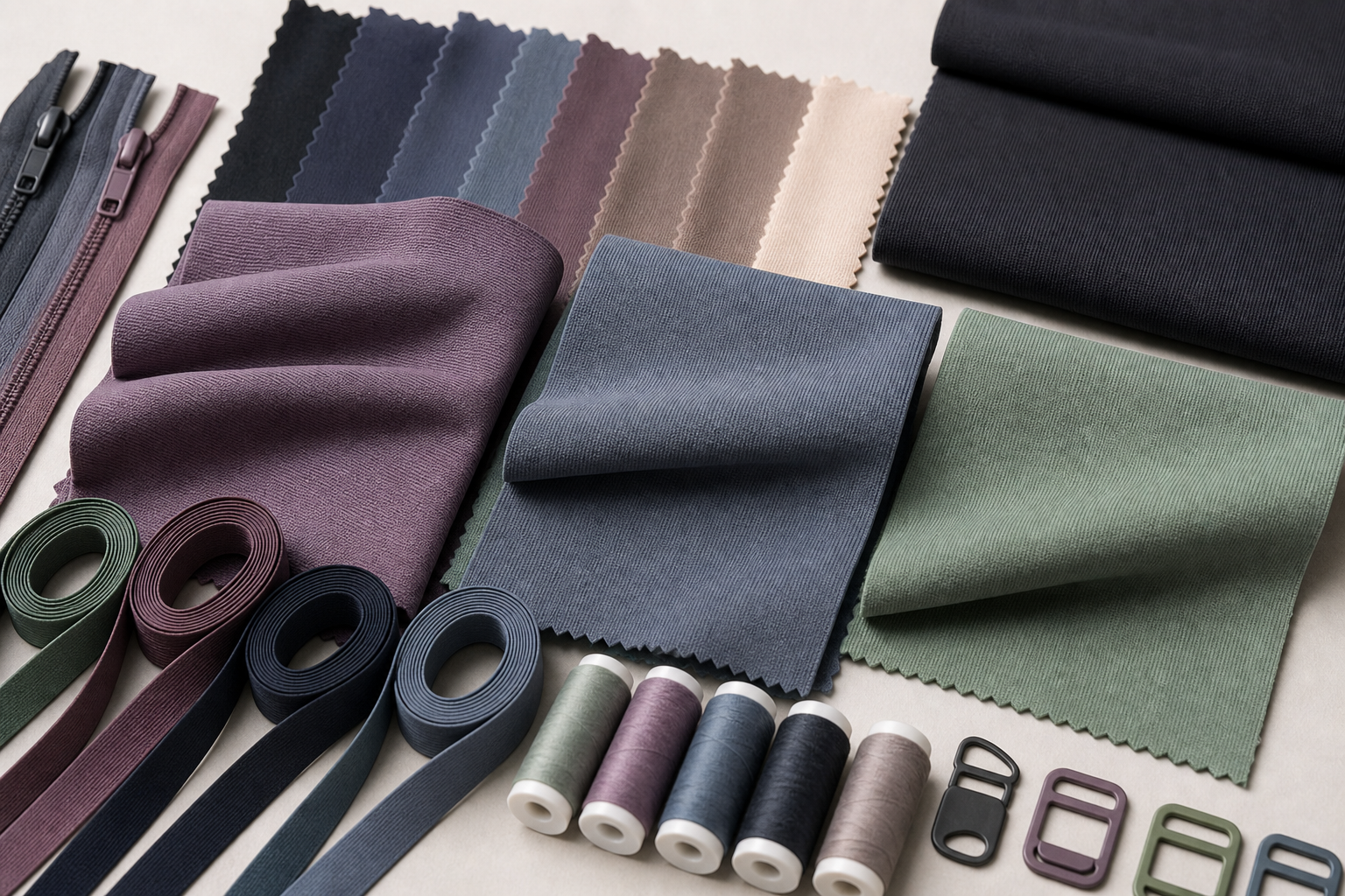 Activewear fabric swatches with coordinating elastic trims