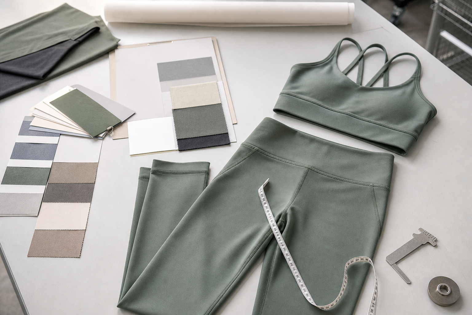 Yoga apparel set arranged with measurement and colour inspection tools