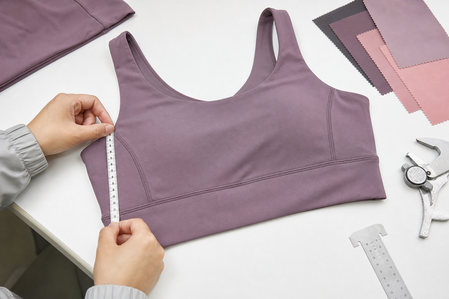 Finished yoga garment laid flat for measurement and seam review